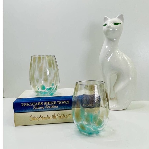 Fitz & Floyd Simone Low  Ball Glasses, Set of 2 Turquoise & Gold - Picture 1 of 5